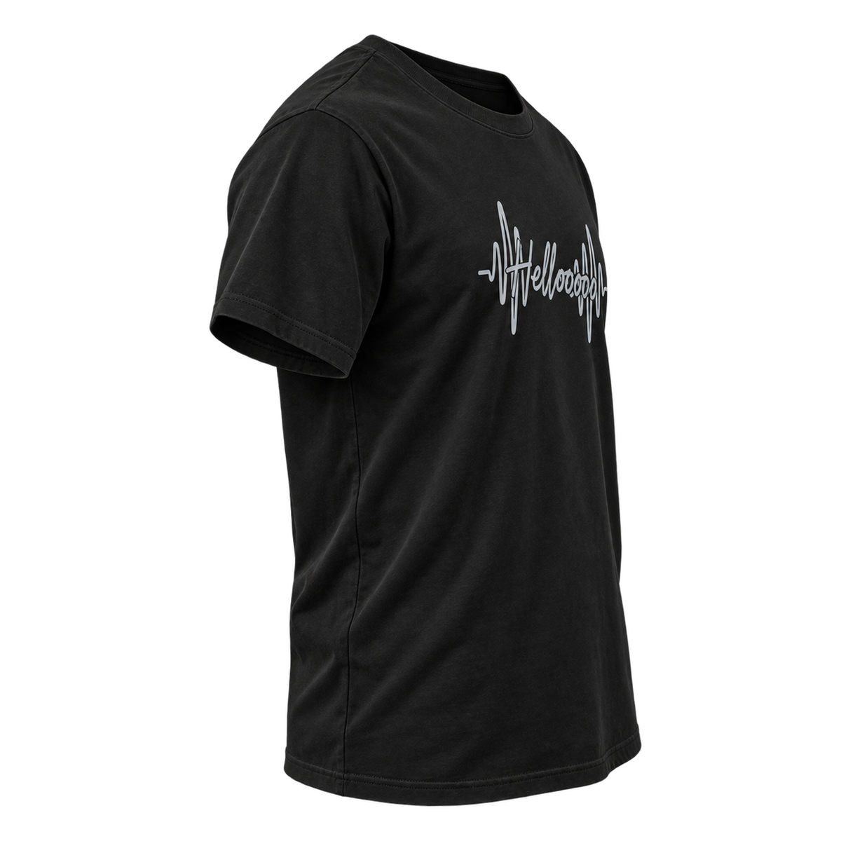 HELLOOOOO tee with silver grey print, opposite side view