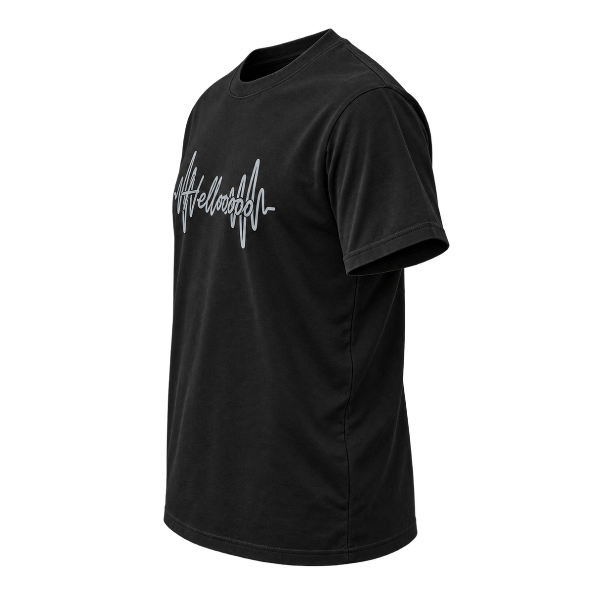 HELLOOOOO tee with silver grey print, side view
