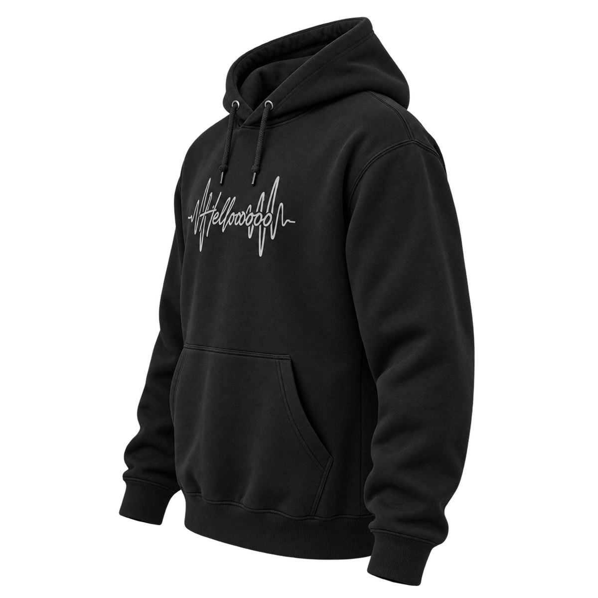 HELLOOOOO hoodie with silver grey print, opposite side view