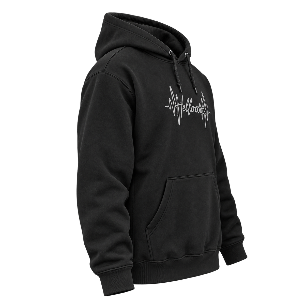 HELLOOOOO hoodie with silver grey print, side view