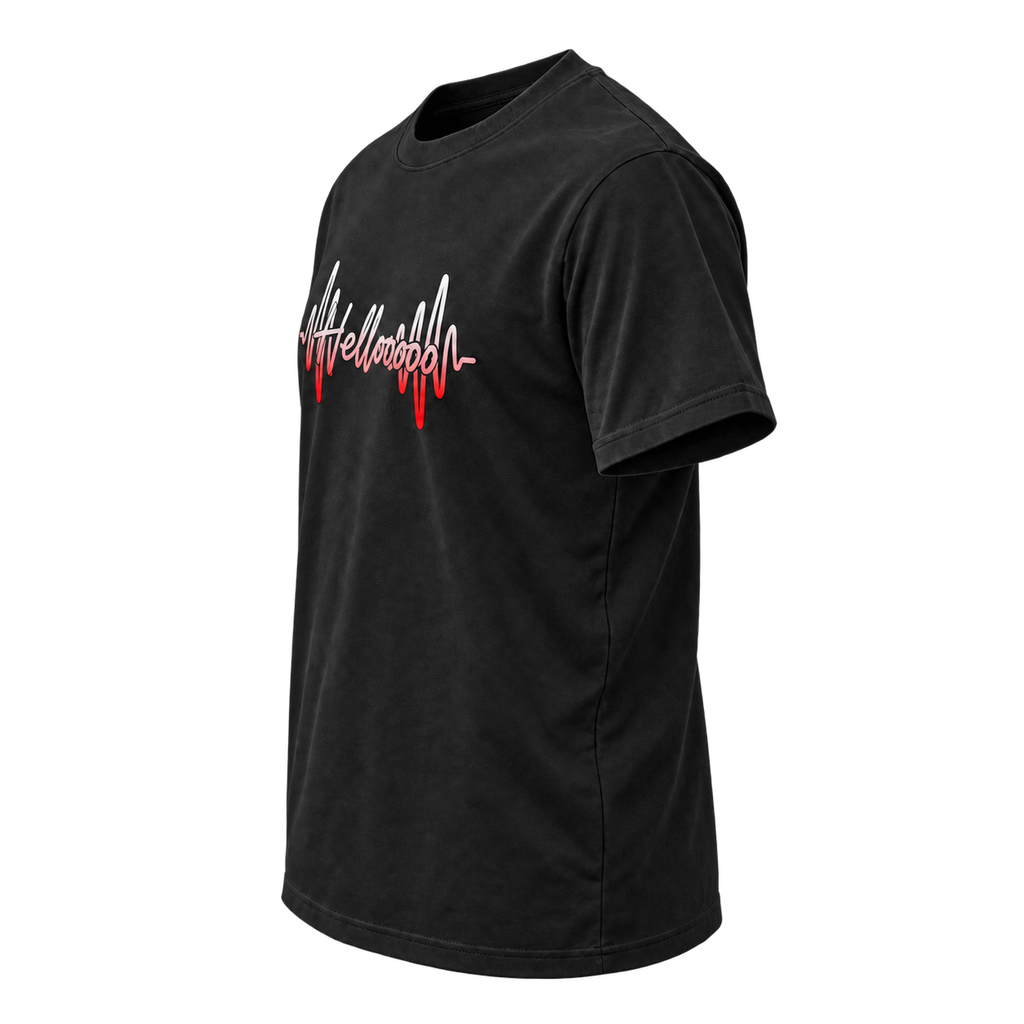 HELLOOOOO tee with red print, opposite side view