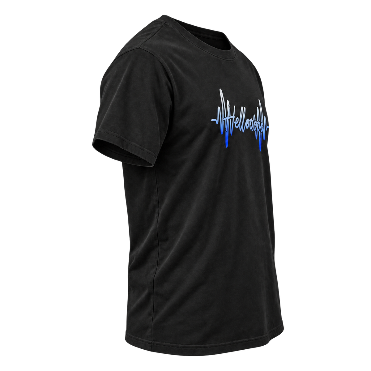 HELLOOOOO tee with blue print, side view