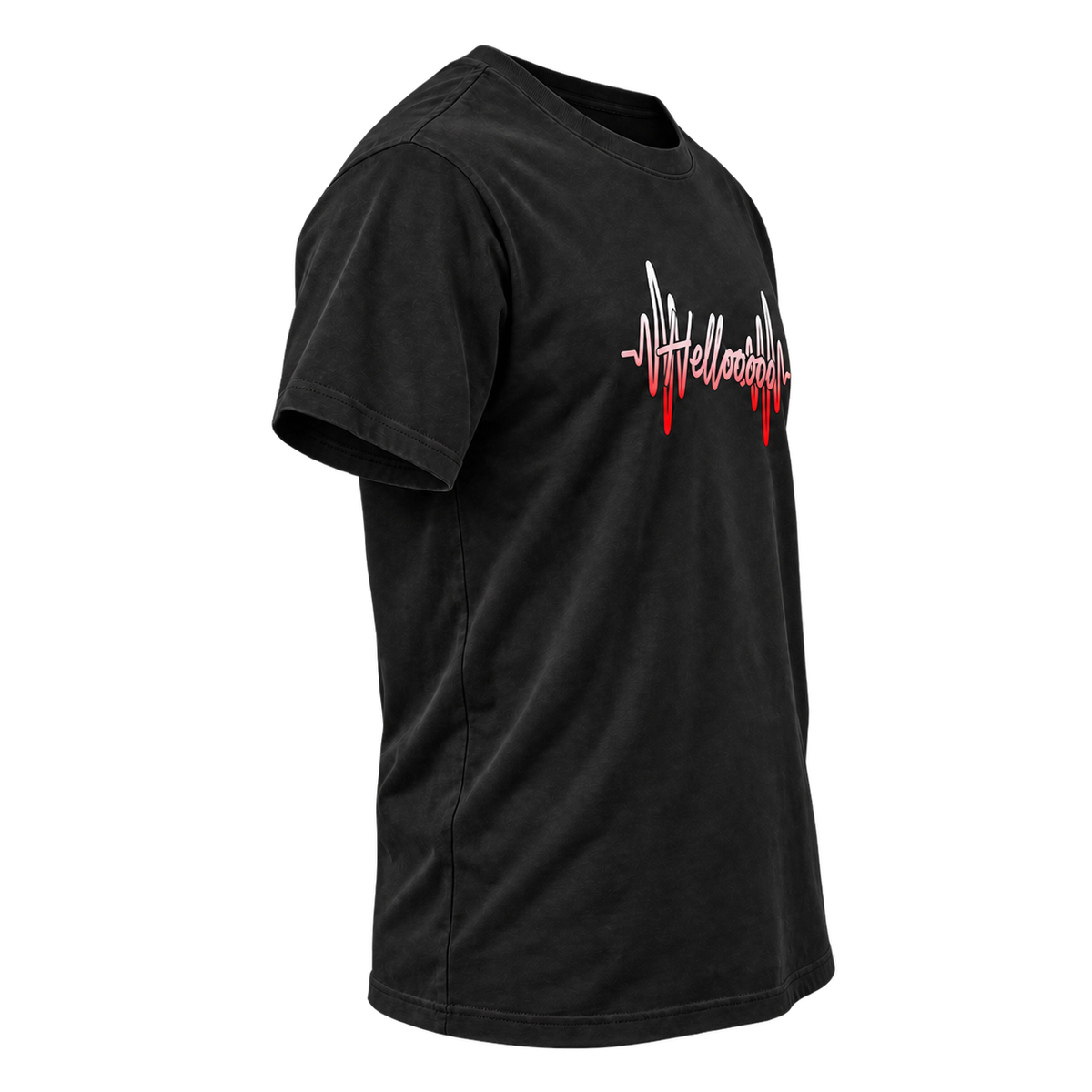 HELLOOOOO tee with red print, side view
