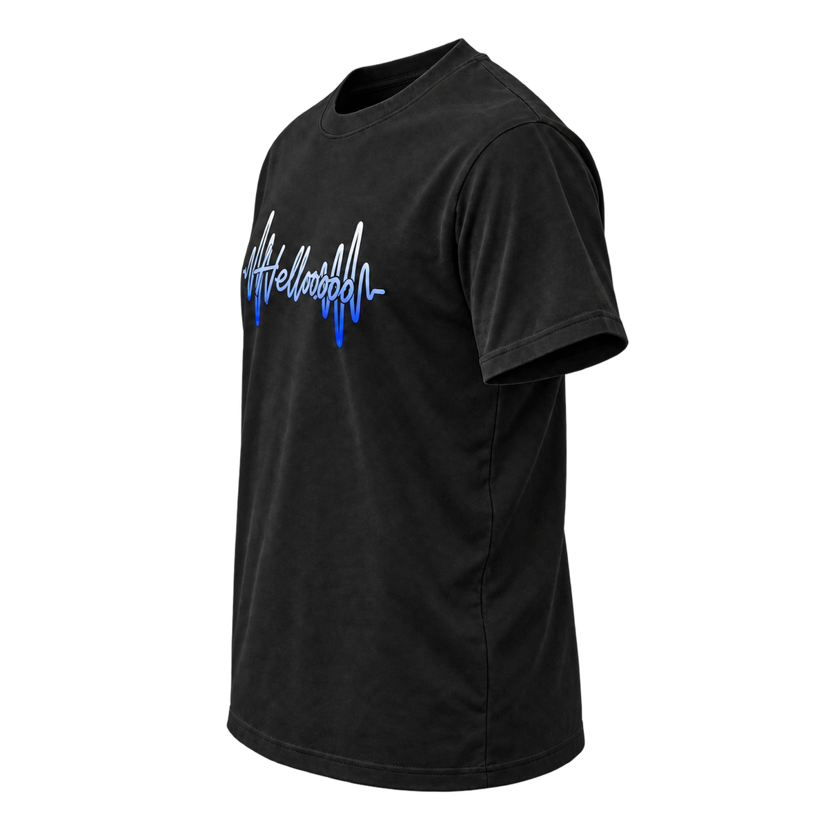 HELLOOOOO tee with blue print, opposite side view