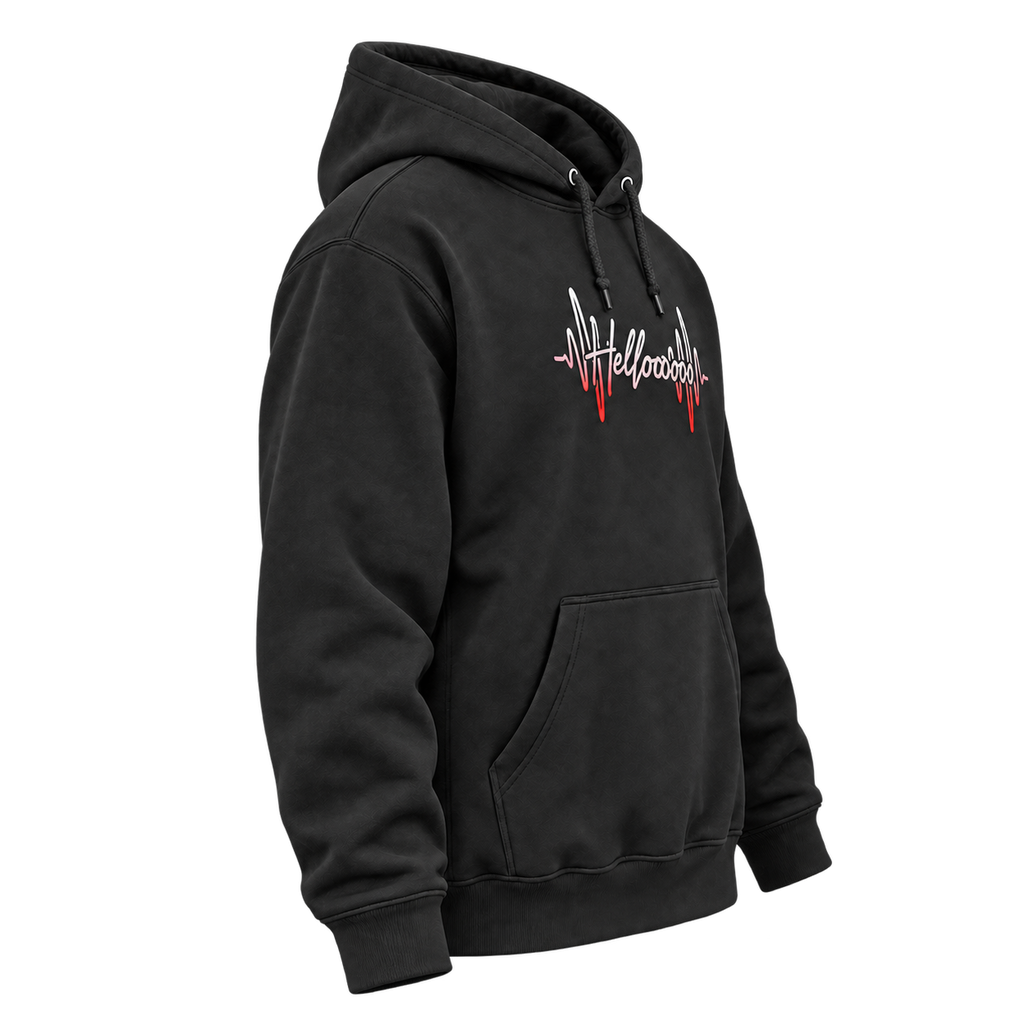 HELLOOOOO hoodie with red print, side view