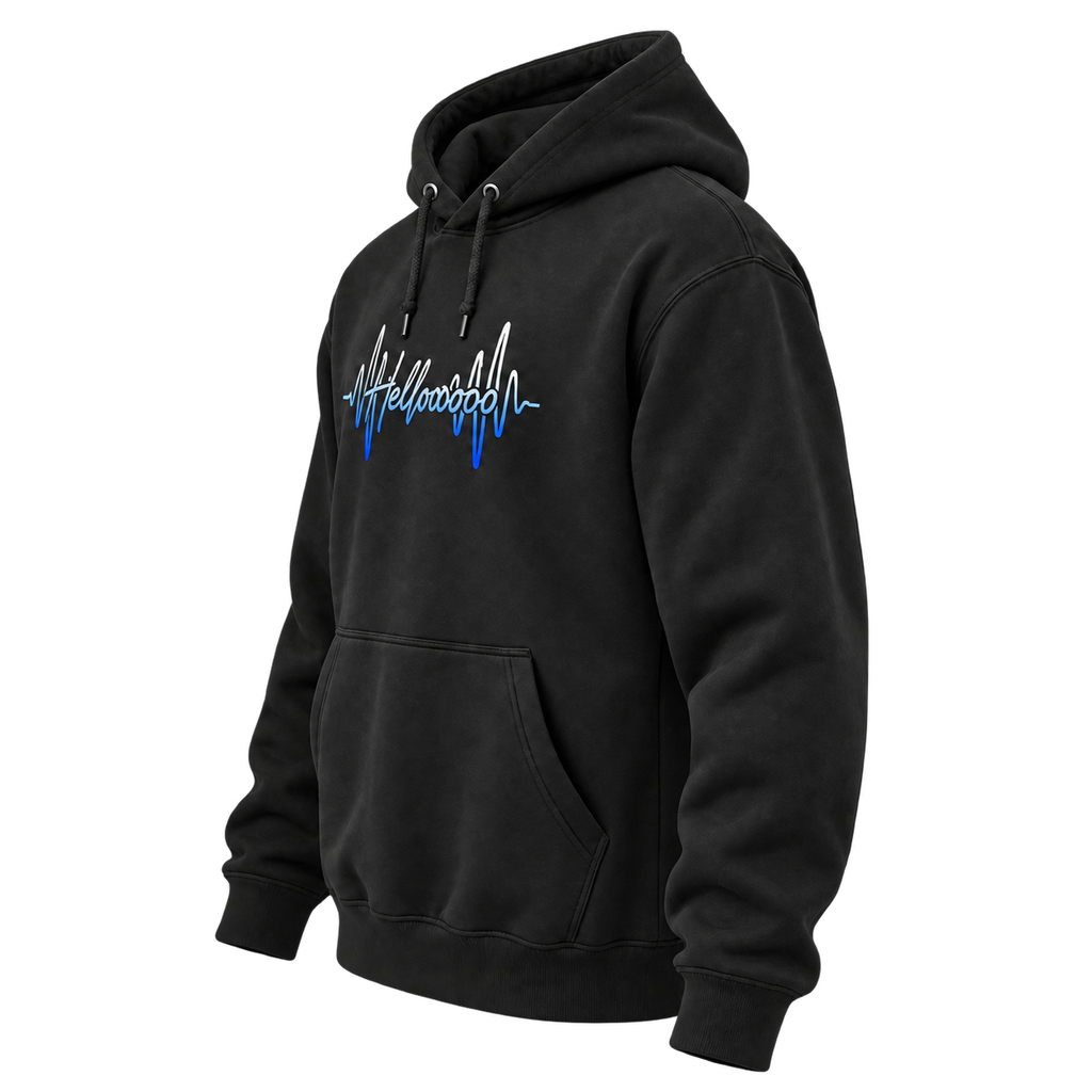 HELLOOOOO hoodie with blue print, opposite side view