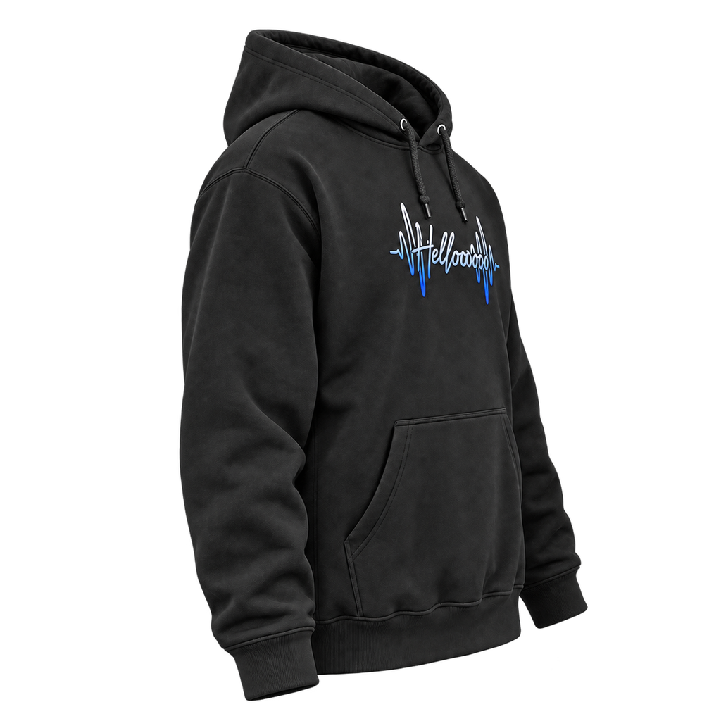 HELLOOOOO hoodie with blue print, side view