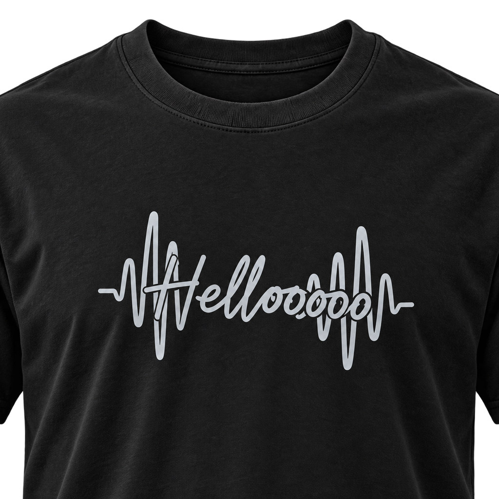 HELLOOOOO tee with silver grey print, front view