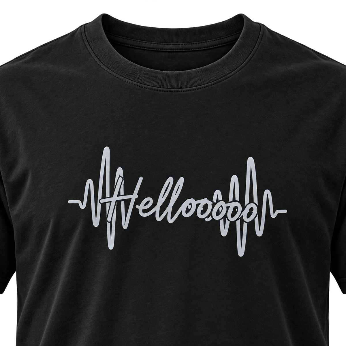 HELLOOOOO tee with silver grey print, front view