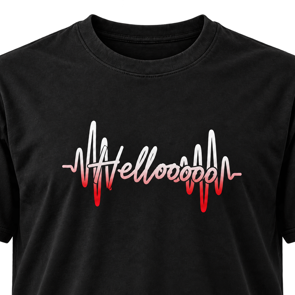 HELLOOOOO tee with red print, front view