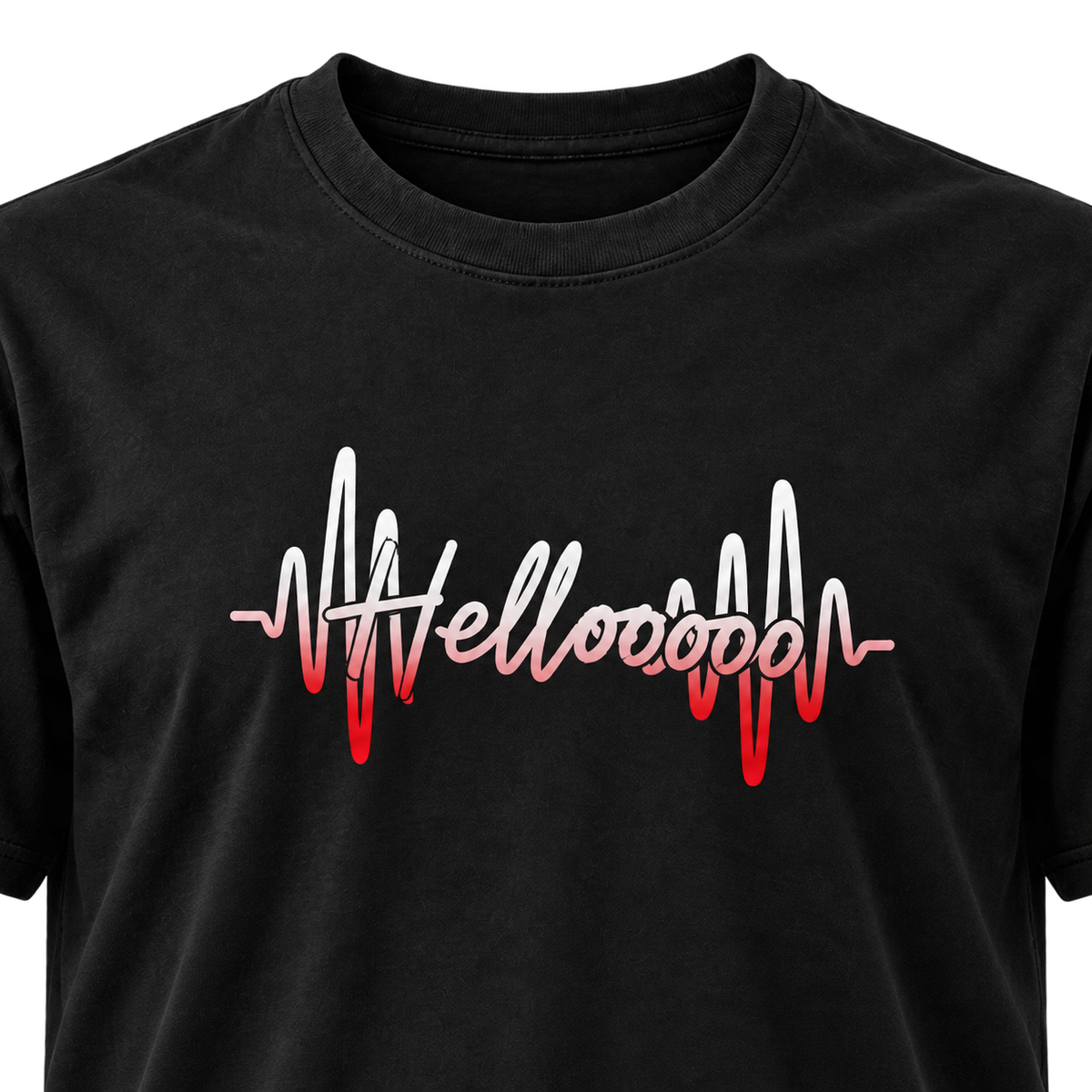 HELLOOOOO tee with red print, front view