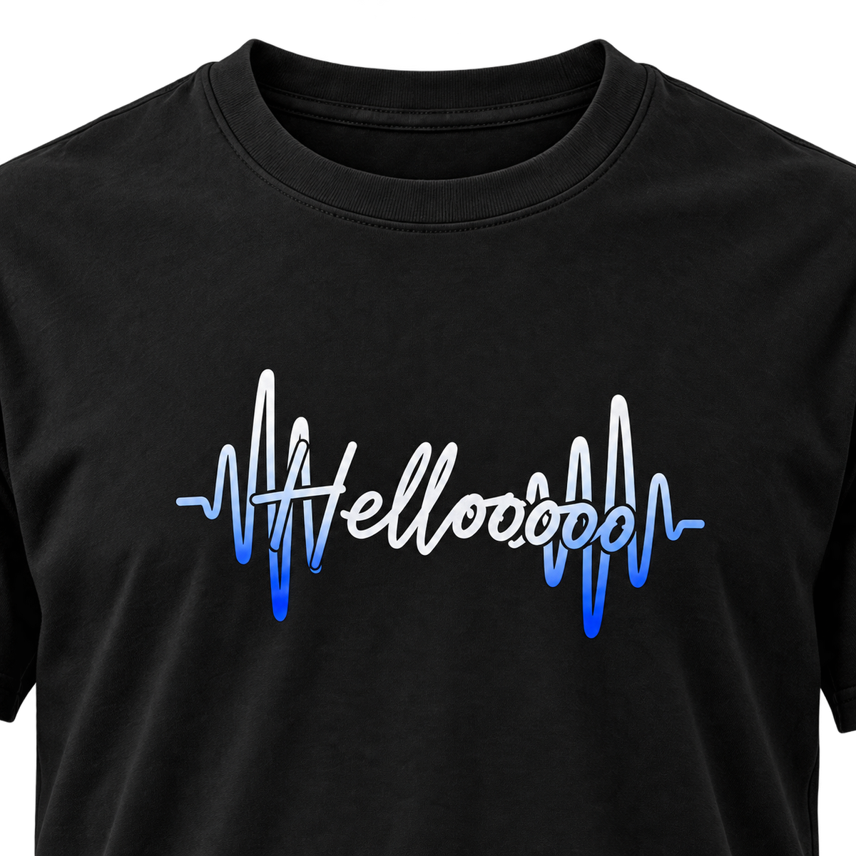 HELLOOOOO tee with blue print, front view