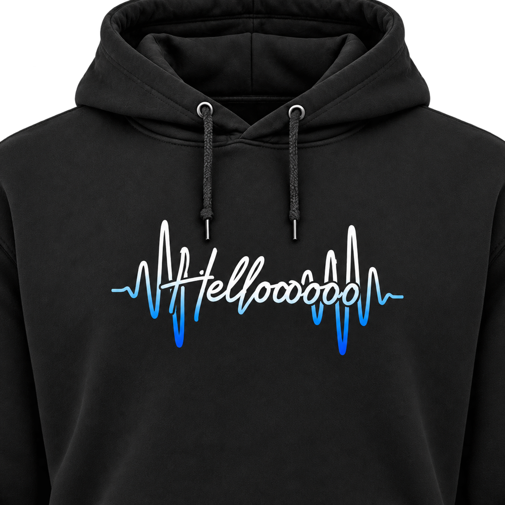 HELLOOOOO hoodie with blue print, front view