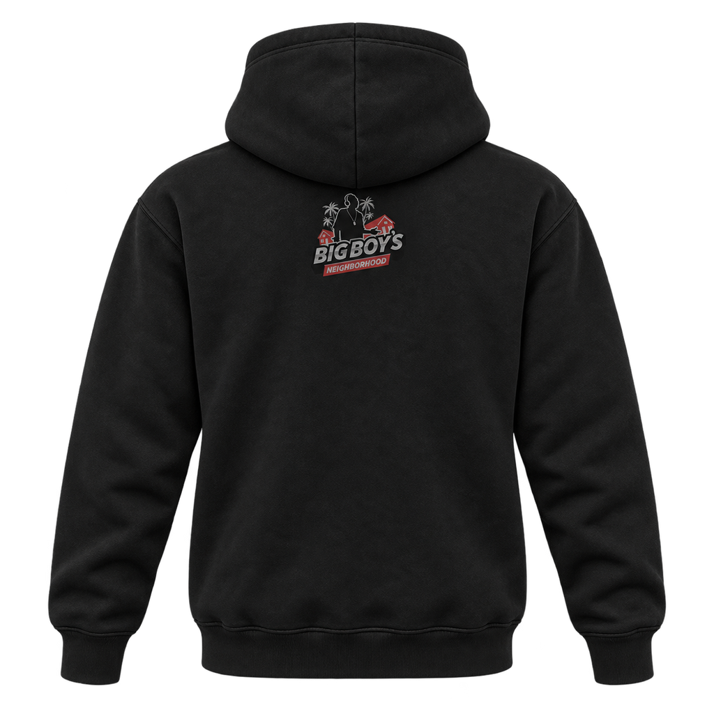 Black hoodie back with the Big Boy’s Neighborhood logo below the hood