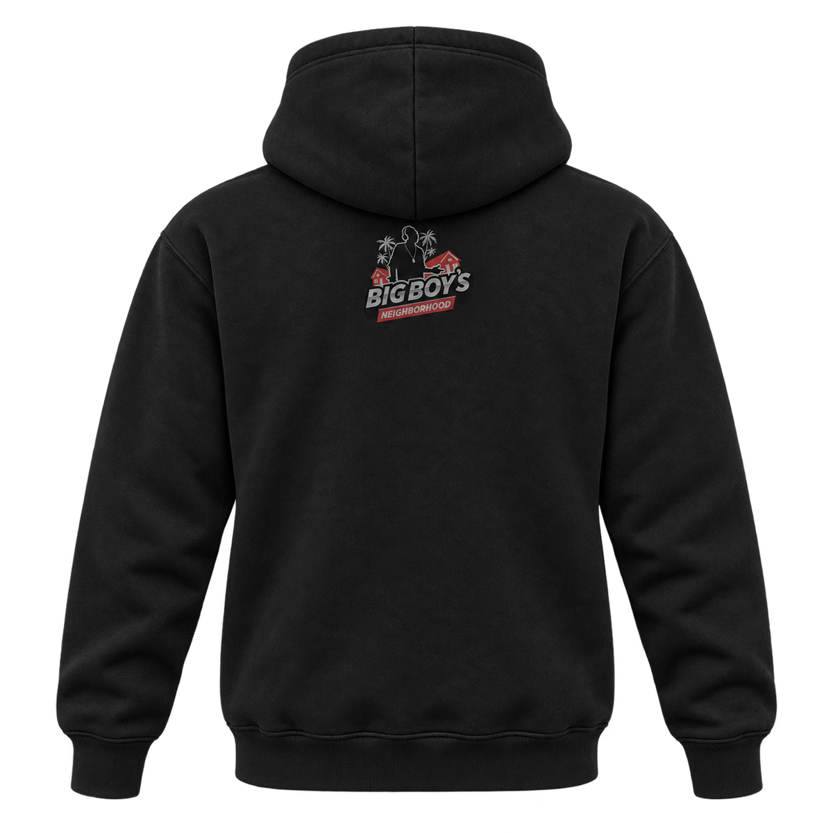 Black hoodie back with the Big Boy’s Neighborhood logo below the hood