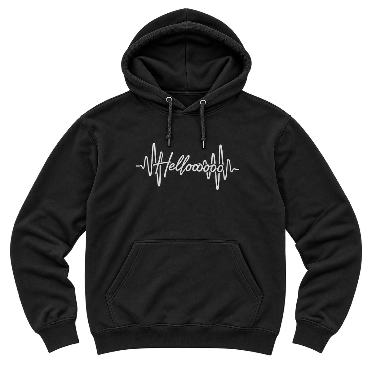 HELLOOOOO black hoodie — silver grey print, front flat lay