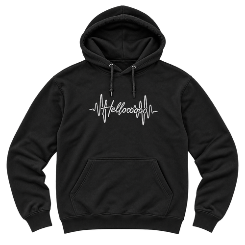 HELLOOOOO black hoodie — silver grey print, front flat lay