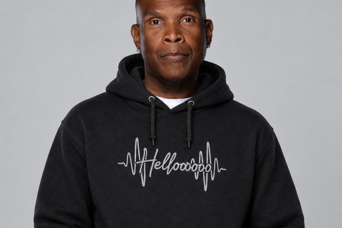 HELLOOOOO black hoodie with silver grey print — front model view