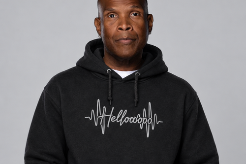 HELLOOOOO black hoodie with silver grey print — front model view