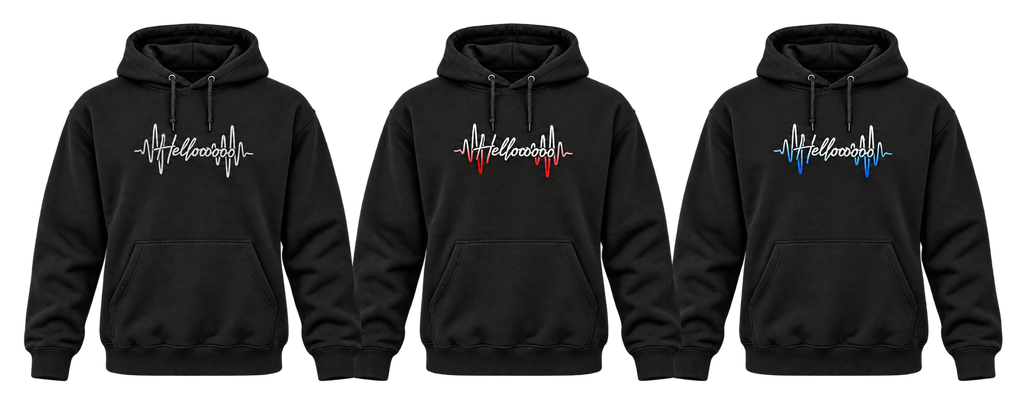 Black HELLOOOOO hoodies showing silver grey, red and blue print options