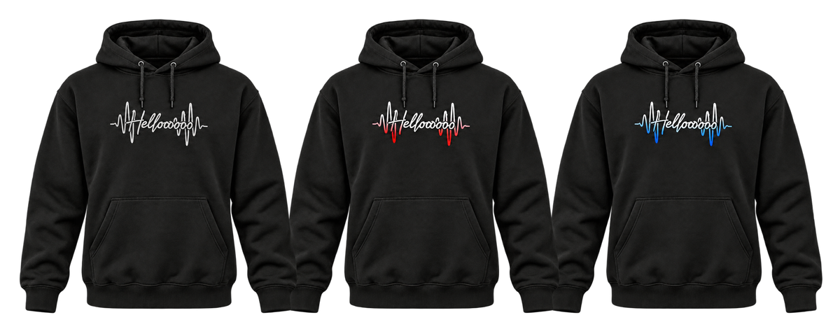 Black HELLOOOOO hoodies showing silver grey, red and blue print options
