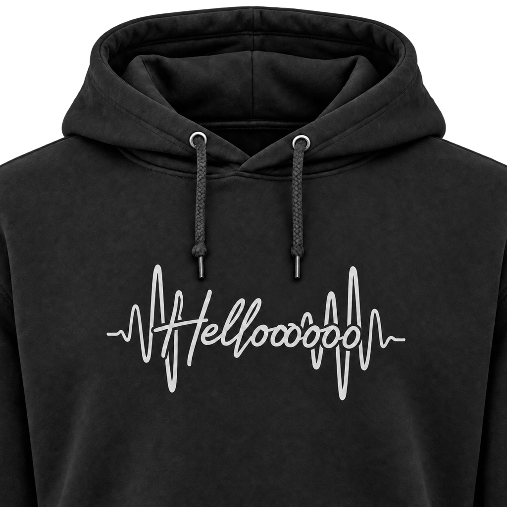 Close view of the HELLOOOOO silver grey chest print and black hoodie fabric