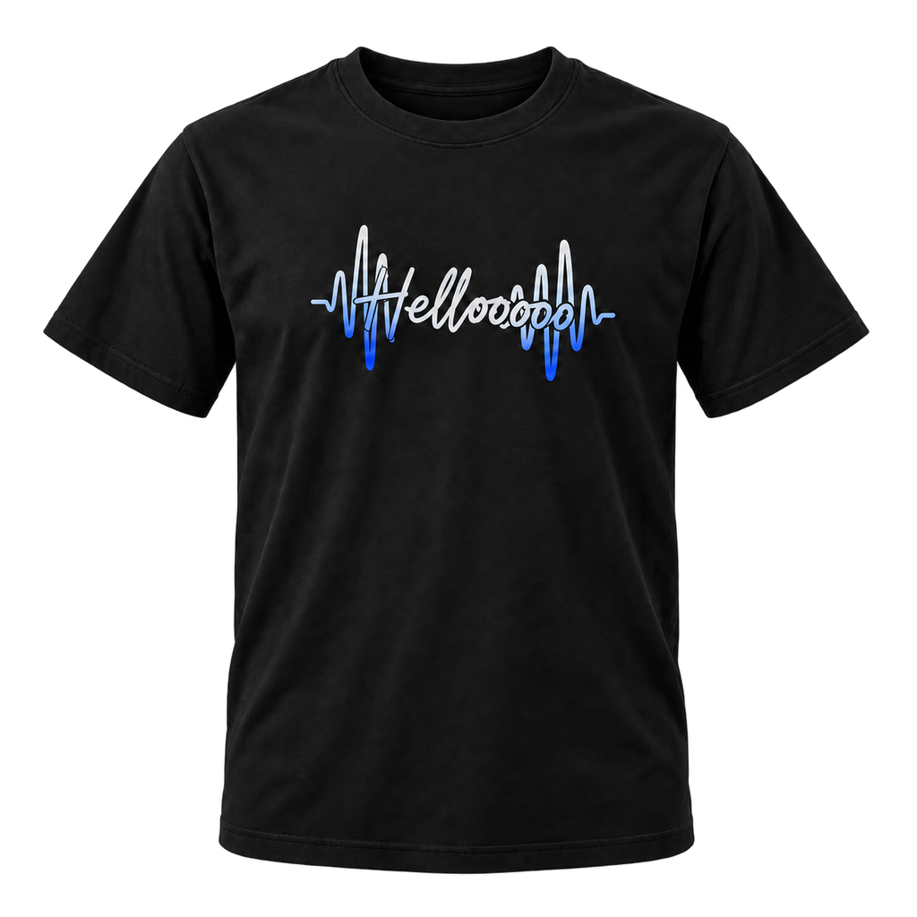 HELLOOOOO black T-shirt with blue waveform print